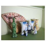 Collection of Decorative Ceramic Figurines and Hand Fan