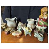 Ceramic Figurines, Planters, and Milk Glass Covered Dish