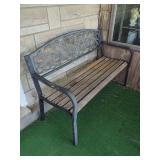 Metal and Wood Garden Bench with Scrollwork Backrest