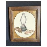 Hand-Painted Wood Plaque Featuring Oil Lamp, Bible, and Glasses, Dated 1987