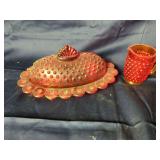 Red Hobnail Glass Covered Butter Dish and Creamer Set