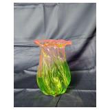 Green and Pink Iridescent Swirl Glass Vase