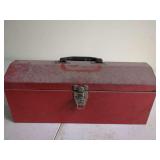 Red Metal Tool Box with Assorted Hand Tools