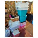 Plastic Storage Totes, Wicker Basket, and Coleman Cooler