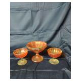 Marigold Iridescent Glass Pedestal Bowl and Two Matching Dessert Dishes