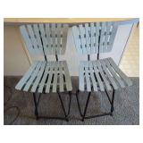 Two Light Blue Slat-Back Swivel Bar Stools