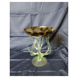 Art Glass Compote with Tortoiseshell Pattern Bowl and Green Glass Stand