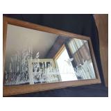 Etched Glass Mirror with Duck and Cattail Motif in Wood Frame