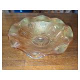 Marigold Iridescent Glass Bowl with Floral Pattern and Ruffled Edge