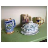 Collection of Three Ceramic Beer Steins and Covered Tureen