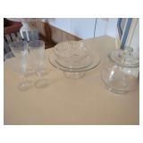 Glassware Collection Including Stemmed Goblets, Pedestal Bowl, and Lidded Jar