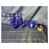 Cobalt Blue Glassware Including Violin Bottles and Shirley Temple Pitcher