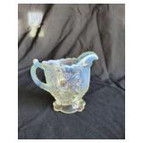 Opalescent Glass Creamer with Floral Relief and Gold Gilt Accents
