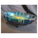 Iridescent Blue Carnival Glass Footed Bowl with Fruit Motif