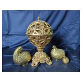 Brass Filigree Pedestal Bowl with Three Bird Figurines