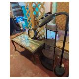 Household Items Including Coffee Table, Corner Shelf, Wall Clock, and Floor Lamp