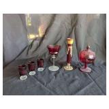 Ruby Red Glassware Including Lidded Compote, Bud Vase, and Stemware