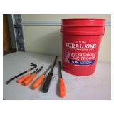 Rural King Plastic Bucket and Assorted Hand Tools