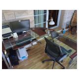 L-Shaped Glass and Wood Desk with Office Chair