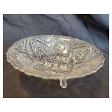 Clear Pressed Glass Three-Footed Bowl with Starburst Pattern