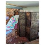 Four-Panel Folding Screen with Embossed Tropical Motif and Decorative Hand Fan