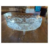Clear Glass Footed Oval Bowl with Frosted Floral Panels