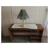 Wood Laminate Media Console with Brass and Etched Glass Table Lamp