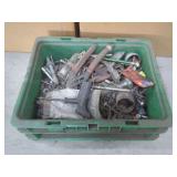 Hand Tools and Hardware in Green Plastic Bin