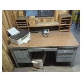 Metal Office Desk with Hutch and Assorted Office Equipment