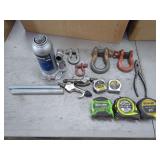 Tool Lot Including DieHard Hydraulic Bottle Jack, Measuring Tapes, and Shackles