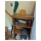 Three-Tier Oak Veneer Bookcase with Assorted Household Items
