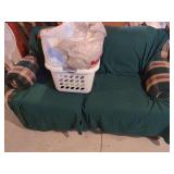 Love seat and Assorted Household Textiles and Plastic Laundry Basket