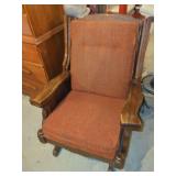 Wooden Platform Rocking Chair with Rust-Colored Upholstery