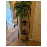 Four-Tier Metal Etagere with Glass Shelves and Decorative Brass Accents