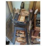 Sears Craftsman 16-Inch Scroll Saw on Metal Stand with Assorted Wood Scraps