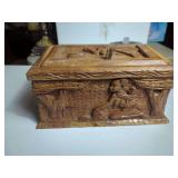 Hand-Carved Wooden Decorative Box with Figural Relief