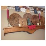 Mantel Arrangement with Woven Chargers, Wood Carving, and Glassware