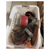 LAUNDRY BASKET FULL OF GLASS AND METAL COOKWARE