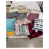 SEVERAL THROWS-DECORATIVE PILLOWS- BLANKETS- ETC.-
