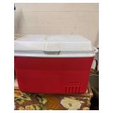 RED RUBBERMAID COOLER.  NEEDS CLEANING.