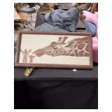 A WARWICK HIGGS-“WHISPERS” FRAMED PRINT DEPICTING GIRAFFES- MEAS.- 9x18.5-