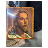 A VINTAGE WALL CLOCK FEATURES “THE HEAD OF CHRIST” MEAS.-18.5x 15.5-