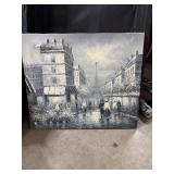 THIS ARTWORK IS A VINTAGE OIL PAINTING DEPICTING A BLACK AND WHITE SCENE OF A PARIS STREET WITH THE EIFFEL TOWER IN THE DISTANCE- MEAS.- 20.5 x 24-