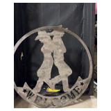 A COWBOY AND COWGIRL DUO WESTERN WELCOME SIGN- MADE OF AMERICAN STEEL- MEAS.- 24” ROUND-