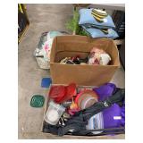 3- BOXES OF MISCELLANEOUS ITEMS- DOLLS, COMFORTER, THROW PILLOWS, BOWLS, CUPS, ETC.-,