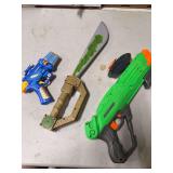 THREE PLASTIC TOYS. TWO GUNS AND A SWORD