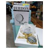 NEW - JERDON HALO LIGHTED WALL HANGING MIRROR GOLD FINISH MIRROR SWIVELS 360 DEGREES