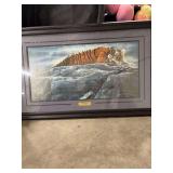 THIS FRAMED ARTWORK IS A PRINT TITLED “ON THE ROCKS”  BY LUCIE BILODEAU- SIGNED- MEAS.-26x42