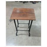 CAST IRON TABLE WITH WOOD TOP 18X14X31