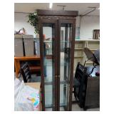 LIGHTED CURIO CABINET WITH GLASS SHELVES AND MIRRORED BACK 20X10X75